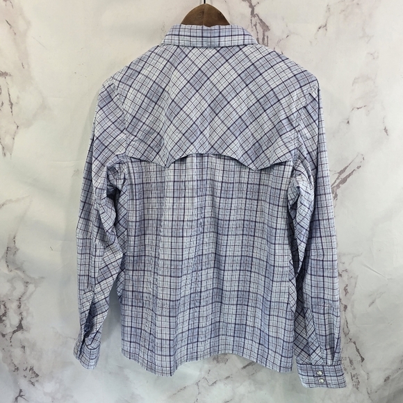Simms Shirt Women Medium Purple Blue Button Up Long Plaid Vented Fishing Guide - Picture 5 of 10